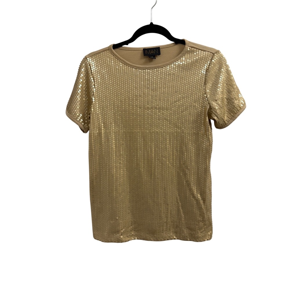 Iman Global Chic Gold Sequin Front Short Sleeve Top Tan Size S Crew Neck Holiday
